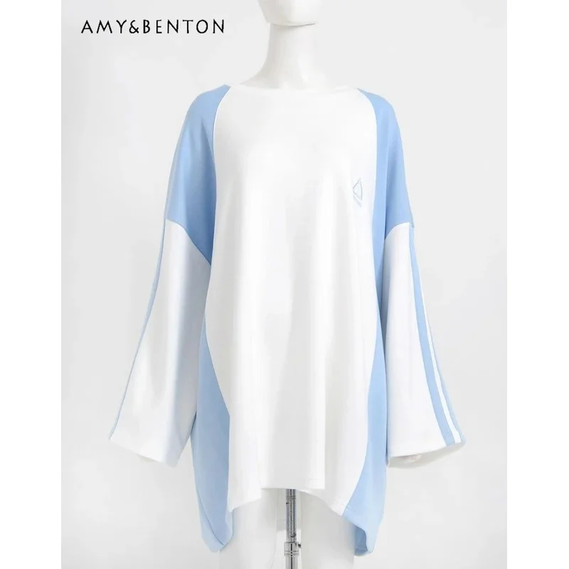 25COSاليابانية Harajuku Ililil نظام ألوان مائية اللون مطابقة القمصان للنساء ربيع جديد Y2K منتصف طول المتضخم تي شيرت