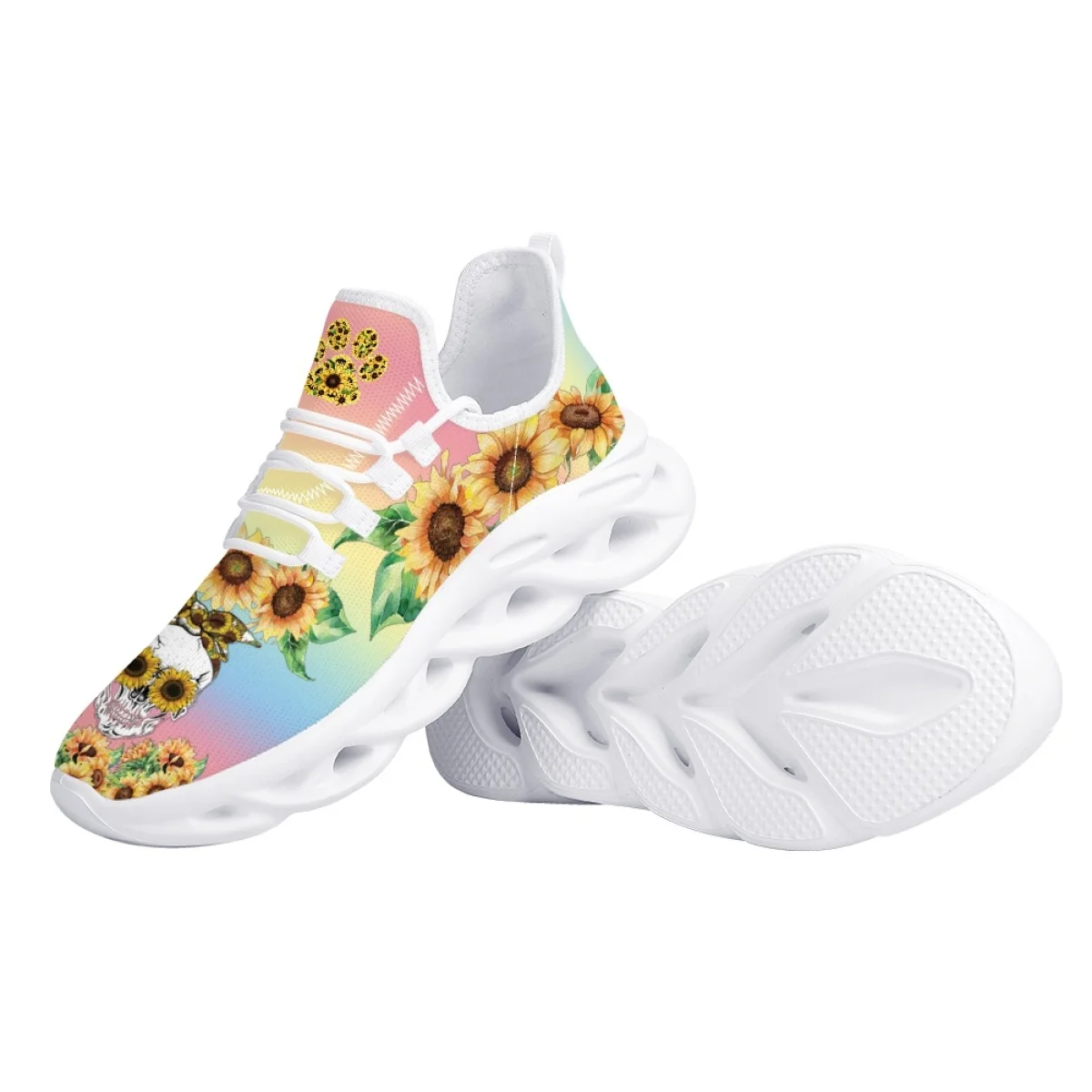 INSTANTARTS Stylist Design Sunflower Skull Print Ladies Shockproof Running Sneakers Outdoor Hiking Mesh Shoes Non-Slip Tennis