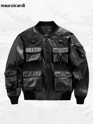 Mauroicardi Spring Autumn Oversized Cool Pu Leather Bomber Techwear Jacket Men with Many Pockets Luxury Designer Clothes 2023