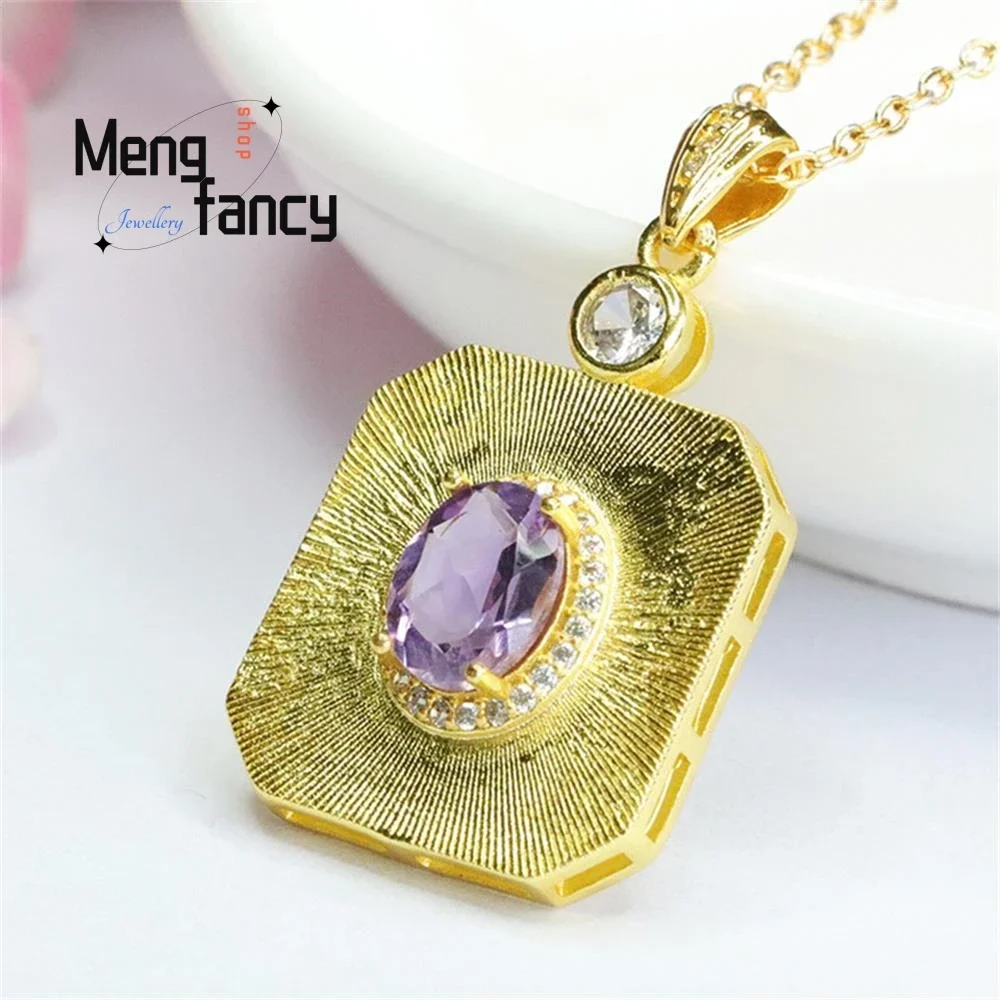 Natural Amethyst Purple Colour Treasure Aquare Pendant Exquisite Elegant Simple High-grade Necklace Fashion Jewelry Holiday Gift