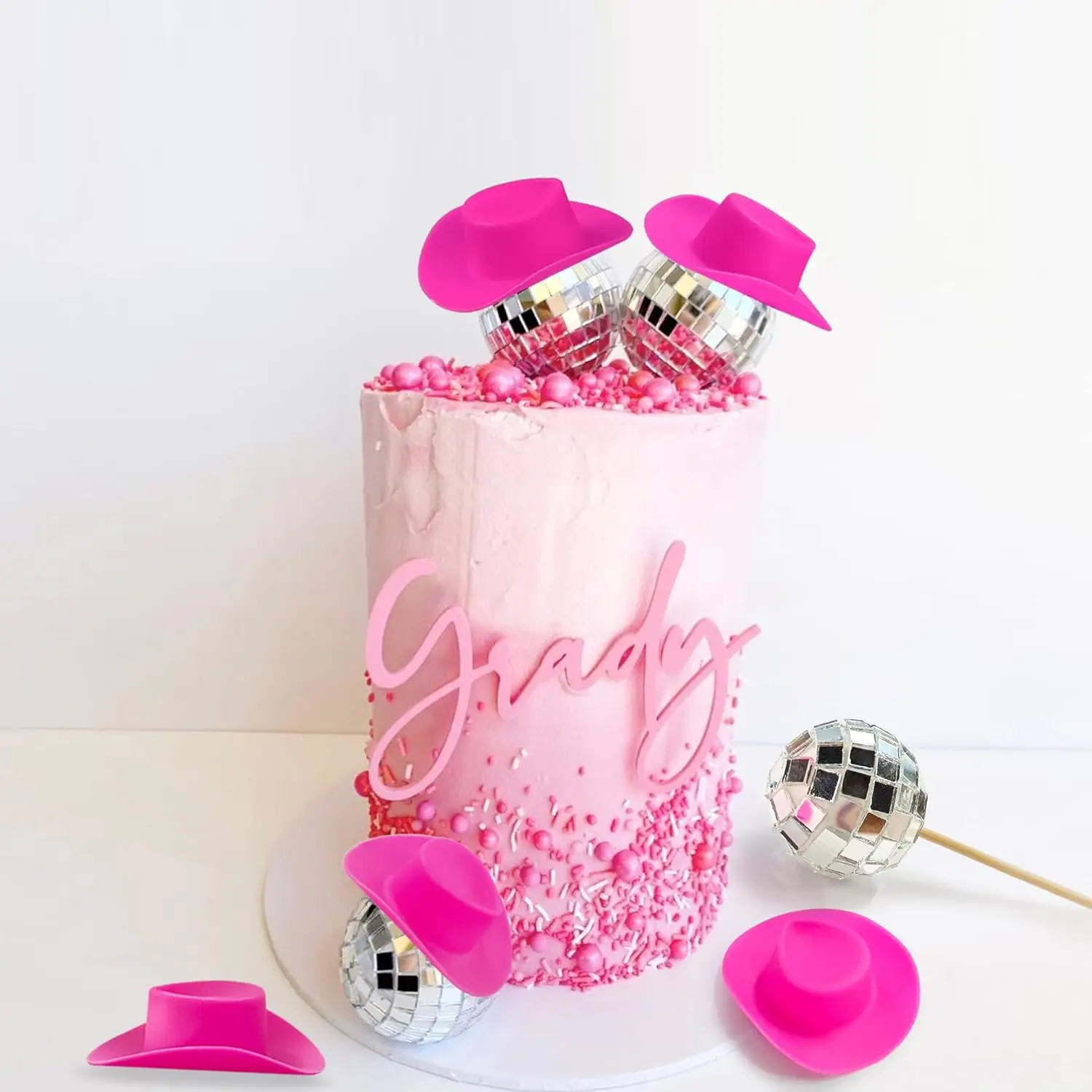 20 Stück Disco-Kugel Kuchendekoration mit Mini Rosa Cowboyhut Kuchenaufsätzen 70er 80er Disco Party Western Cowgirl Cupcake Party Deko – Detail 5