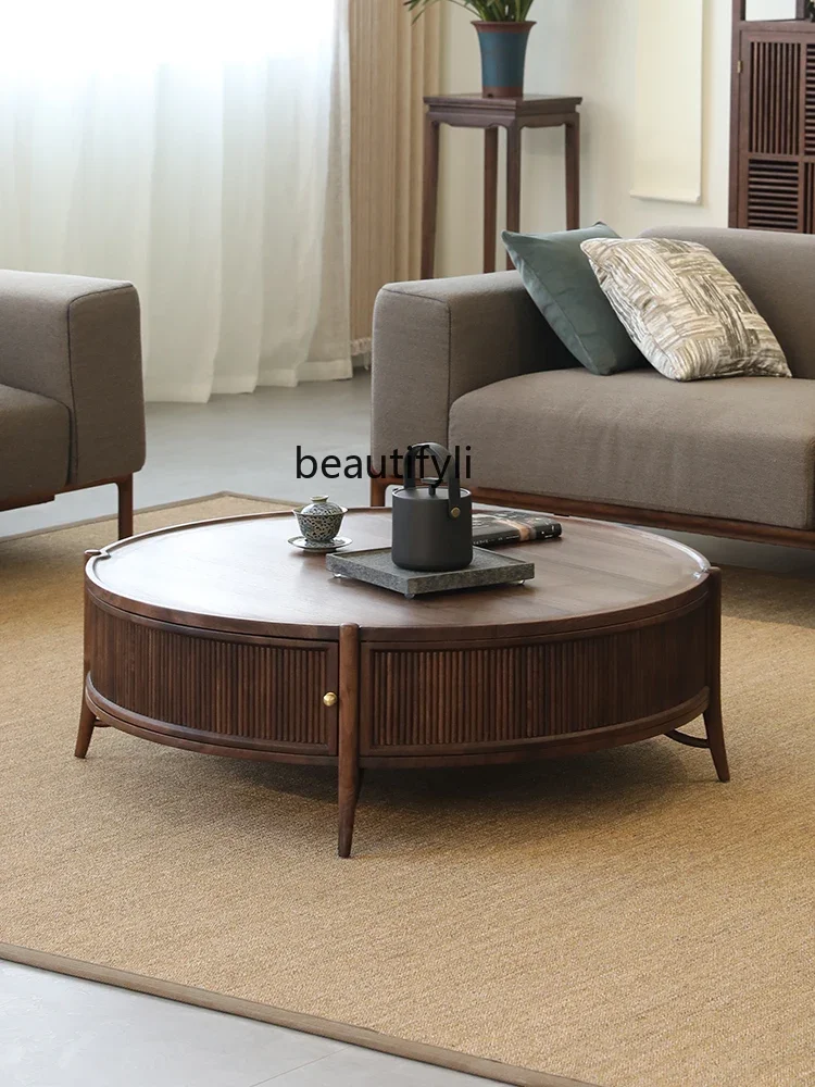 

New Chinese Style round Tea Table Italian Minimalist North American Black Walnut Solid Wood Living Room round Coffee Table