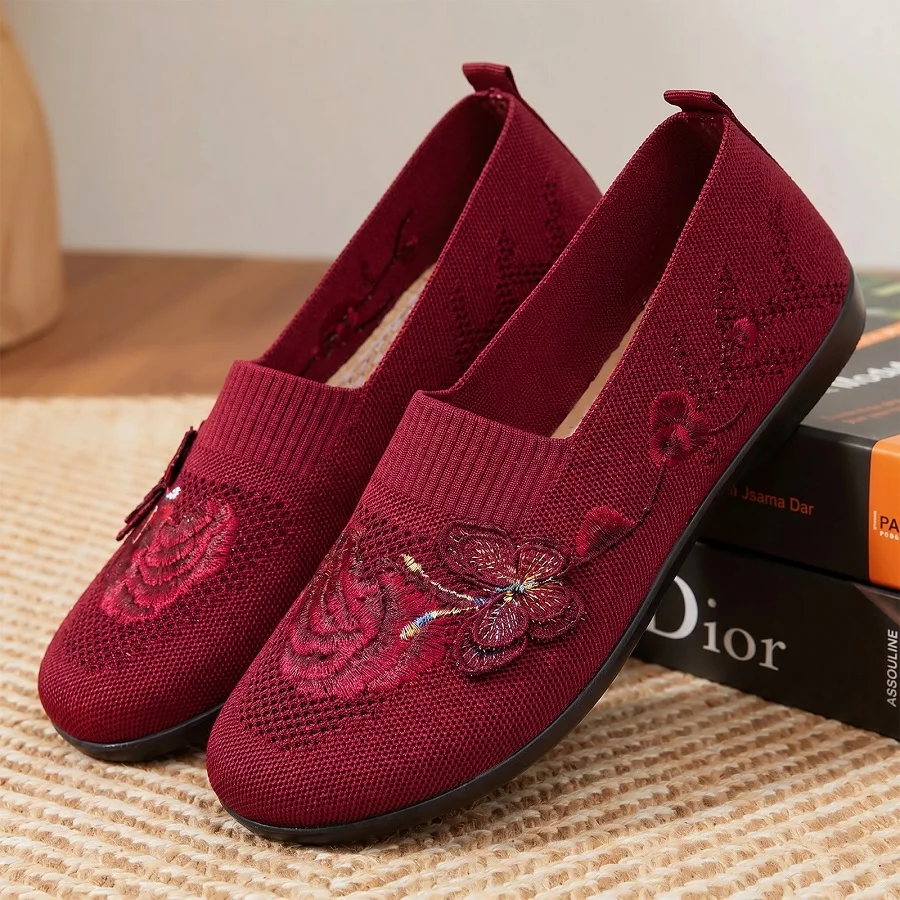 Zen Garden Knit Slip On Shoes For Women Subtle Floral Embroidery Breathable Calming Flats Woman Lightweight Everyday Wear Shoes
