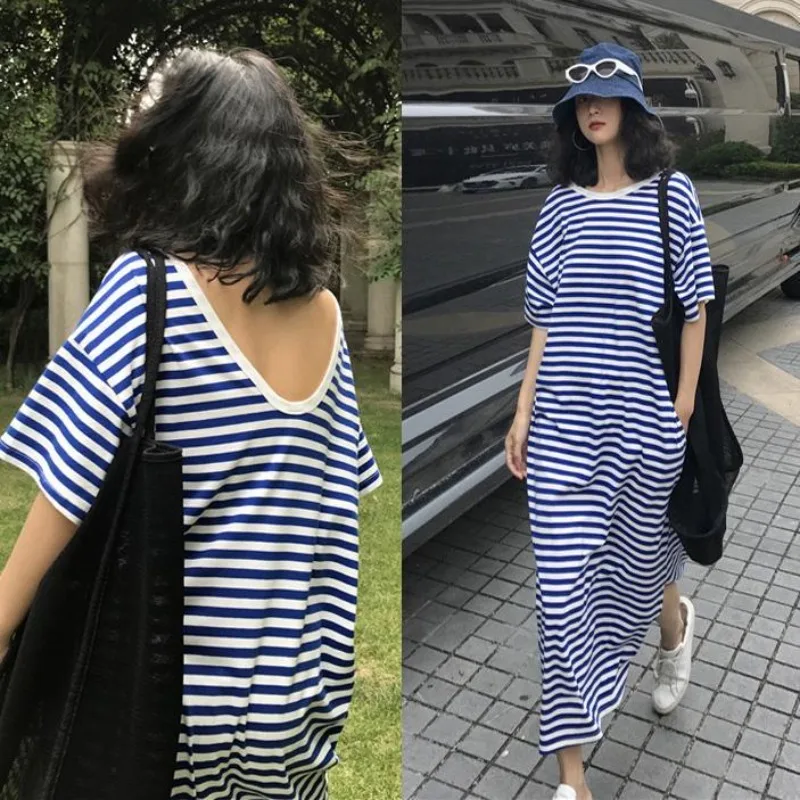 

Shpmishal Blue Striped Knitted Dress for Women's Summer New Loose Casual Long Knee Length V-neck Dresses Female Clothing