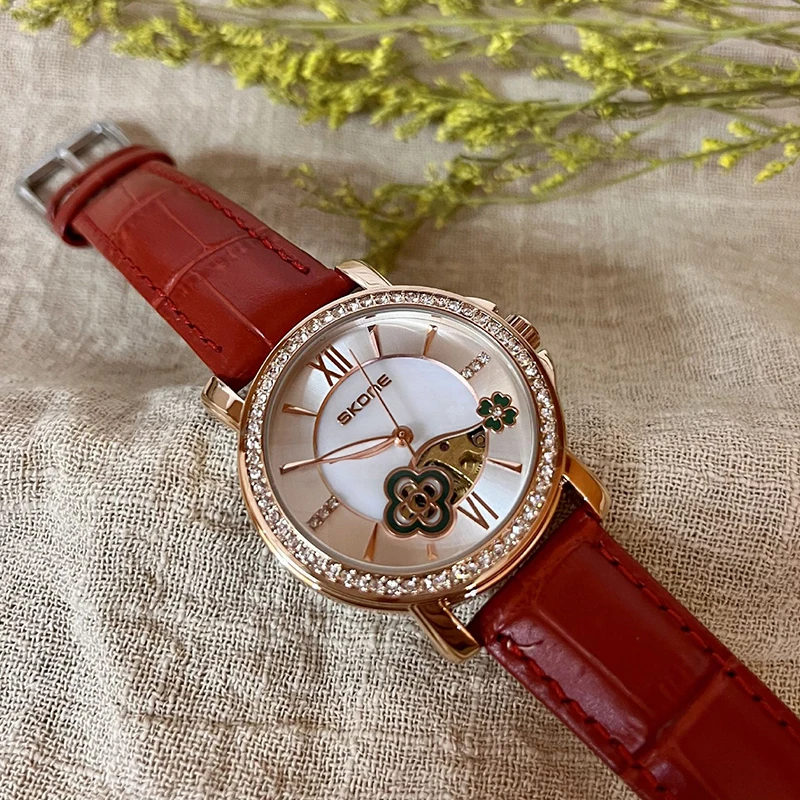 SKONE New Women's Fashion Four Leaf Hollow Fully Automatic Mechanical Watch Belt Waterproof Women's Watch