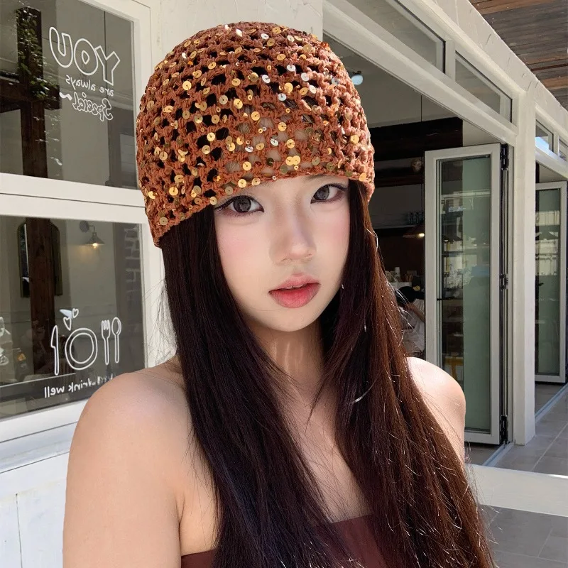 

2026 New Cutout Sequin Woven Pullover Hat for Women Summer Thin Breathable Niche Design Fashion Knitted Skull Beanie Caps