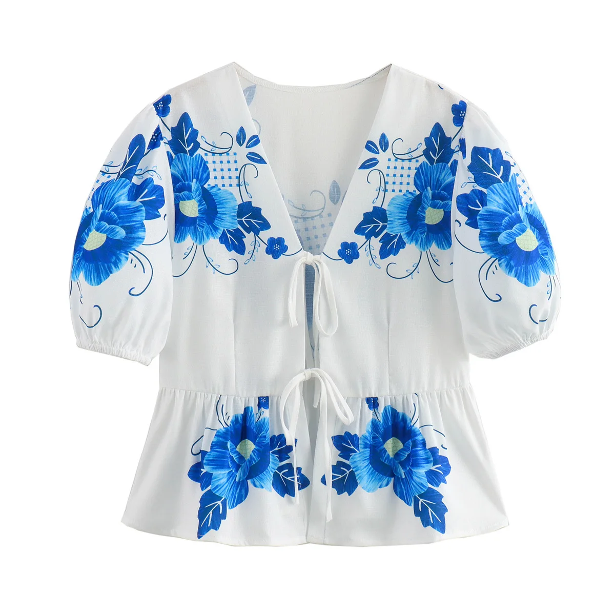 TRAF Print Flower Crop Top Women Bowknot Cut Out Blouse Woman Short Puff Sleeve Ruffle Top Female Cropped Elegant Summer Tops