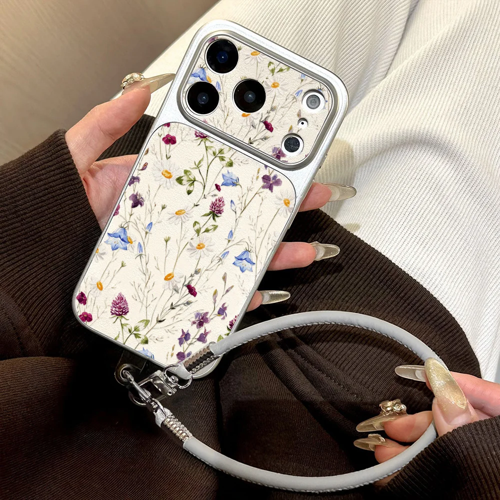 Blumen-Handyhülle für iPhone 17 15 13 11 14 12 16 Pro Max Leder Lichee-Muster Handschlaufe Stoßfeste Schutzhülle Fundas