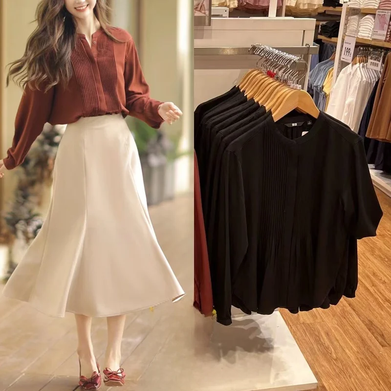 

Women's Floral Pleated Long Sve Stand Collar irt Casual Sle Fitting Room U00 25-29 Years Old Pure Color Commute Wind