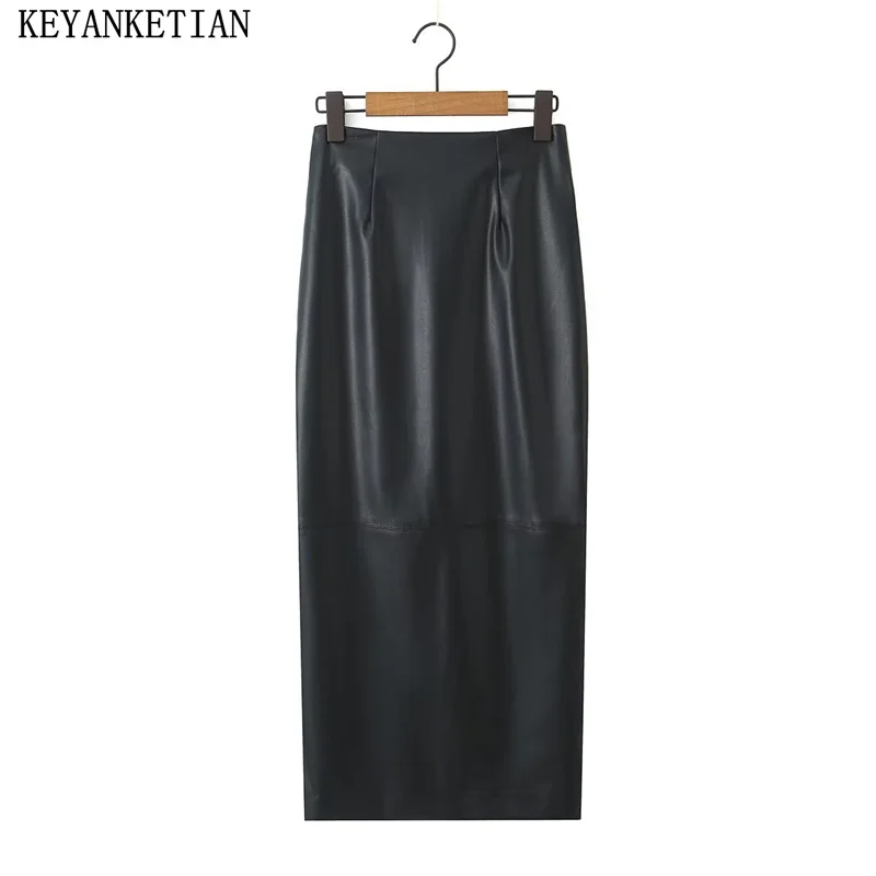 KEYANKETIAN Autumn/Winter New Artificial leather Back Slit Women Black Skirt Elegant Fashion Zipper High Waist Slim Ankle Skirt