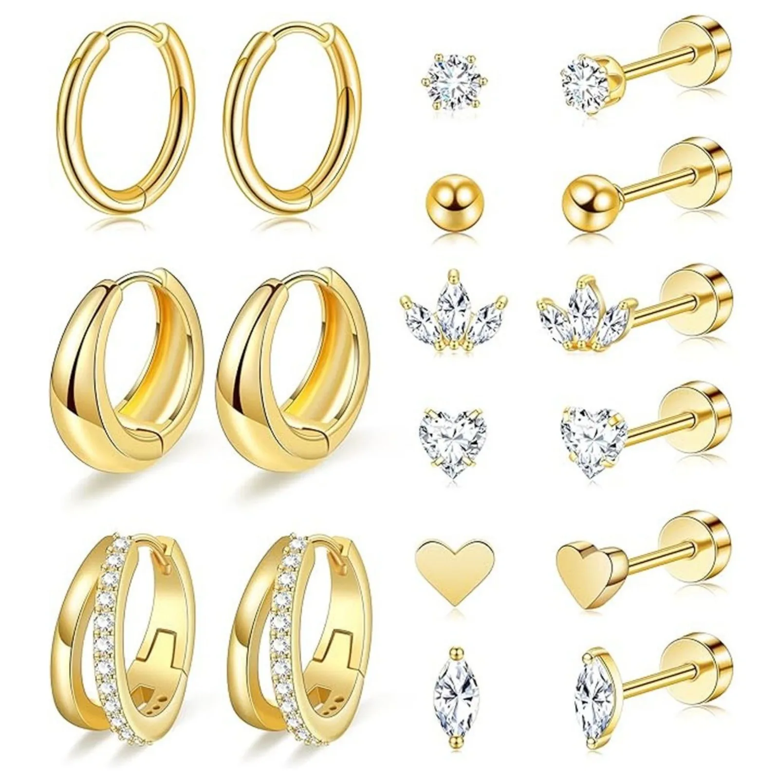 1Set Simple Stylish Brass Ear Post Stud Earrings Set  Multicolor Round Heart Rhinestone Earrings For Women's Gift Jewelry Supply