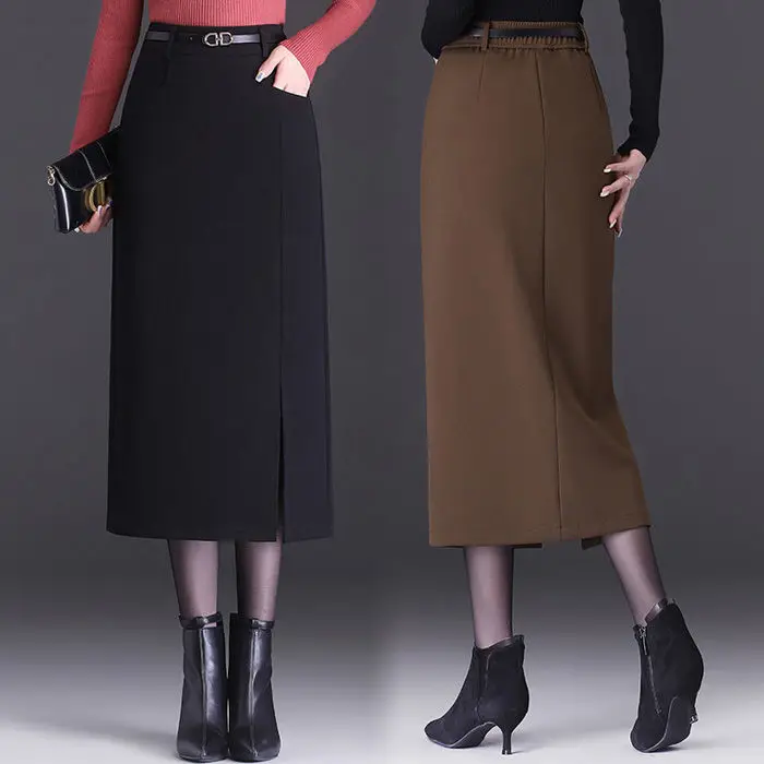 

2023 Women's Spring Autumn New Warm Woolen Skirts Female High Waist Package Hip Skirts Ladies Solid Color Split Skirts U479