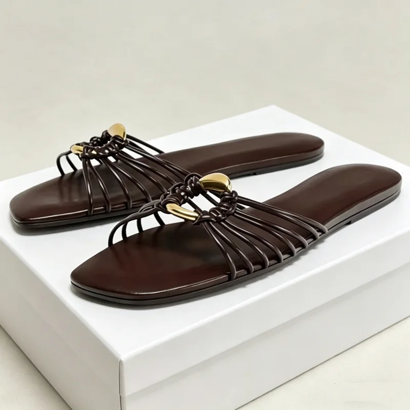 

Weave Designer Women Sandals Summer 2026 Metal Buckle Narrow Band Casual Slides Comfortable Beach Shoes Flat Women's Slippers