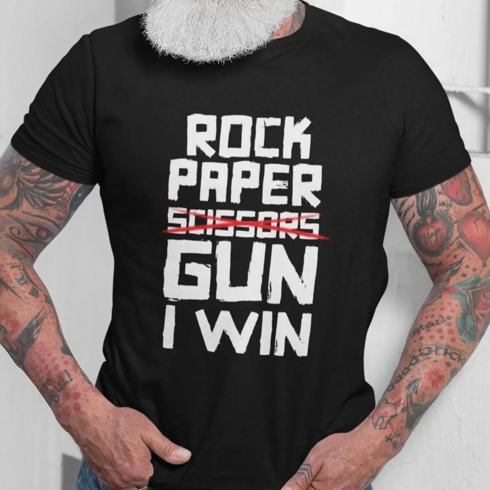 Gun T-Shirt Rock Paper I Win Guns Owner Outfit Lovers Vintage Washed Soft Breathable Graphic Casual Vielseitig Stilvoll Unisex
