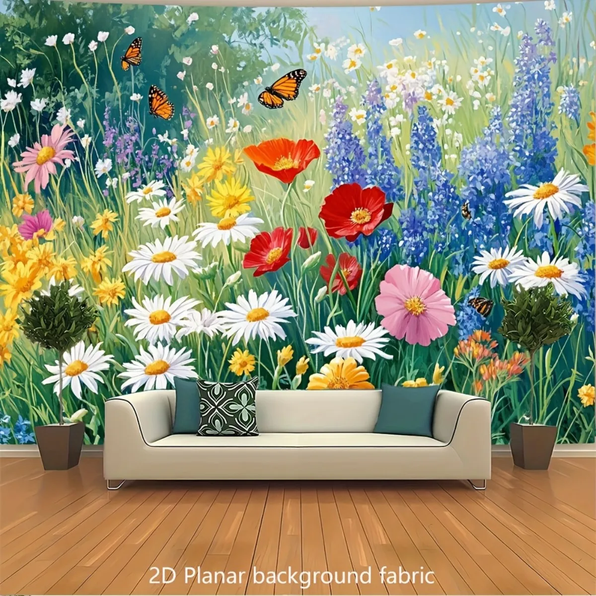 

2D плоский, яркий настенный гобелен с полевыми лугами - большие цветущие ромашки, маки, голубые колокольчики и цветы лаванды wi