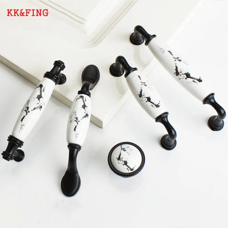 KK&FING New Ink Plum Ceramic Handles Zinc Alloy Pulls Cabinet Drawer Knobs Closet Wardrobe Door Black Ceramic Single hole Handle