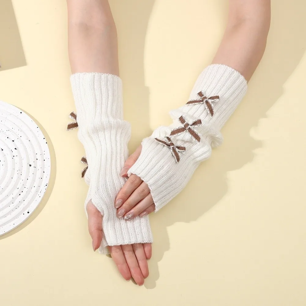Y2K Thicken Bow Arm Warmers Soft Knitted Bowknot Y2K Fingerless Gloves Long Knit Sweet Sleeve Cover Female
