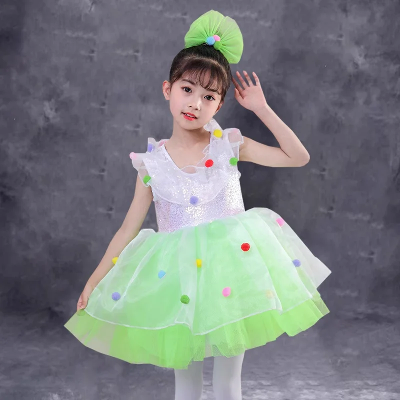 

girls Children Kid Modern dance dress Cheerleading costume green Sequin Stage Performance Costumes star dance costume girls