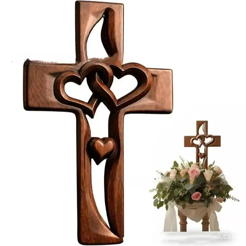 1Pc Hand-Carved Intertwined Hearts Cross Wall Decoration Rustic Wooden Double Hearts Cross Wall Sculpture Religious Decor
