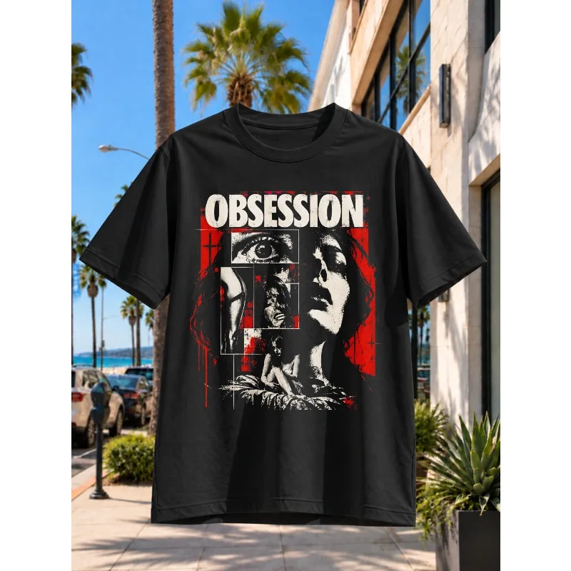 Red and black and white vintage collage T-shirt with facial close-up and horror style pattern on the eye panel