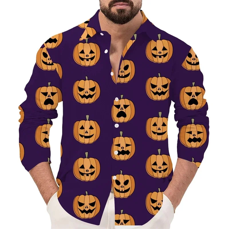 Mens Halloween Button Down Shirt 3D Print Long Sleeve Fashion Casual Men\'s Halloween Pumpkin Tee Shirts Tops Festival Clothes