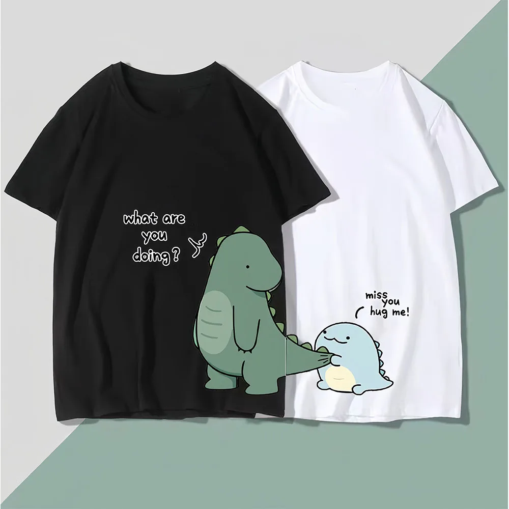 Dinosaur Matching Couple T-Shirt 240g High Quality Summer Casual Loose Short Sleeved Tshirt Tee For Boyfriend Girlfriend Girl