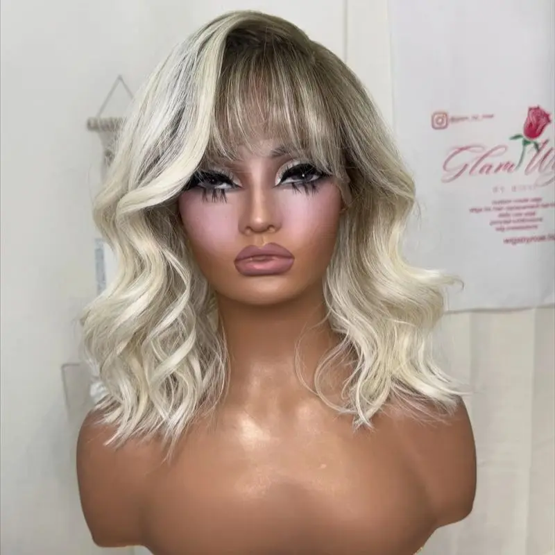 أومبير الأبيض البلاتين شقراء تسليط الضوء على الدانتيل الباروكة الأمامية موجة قصيرة بوب مع الانفجارات المصنع الأصلي شعر مستعار رخيصة 180% عالية الكثافة #1