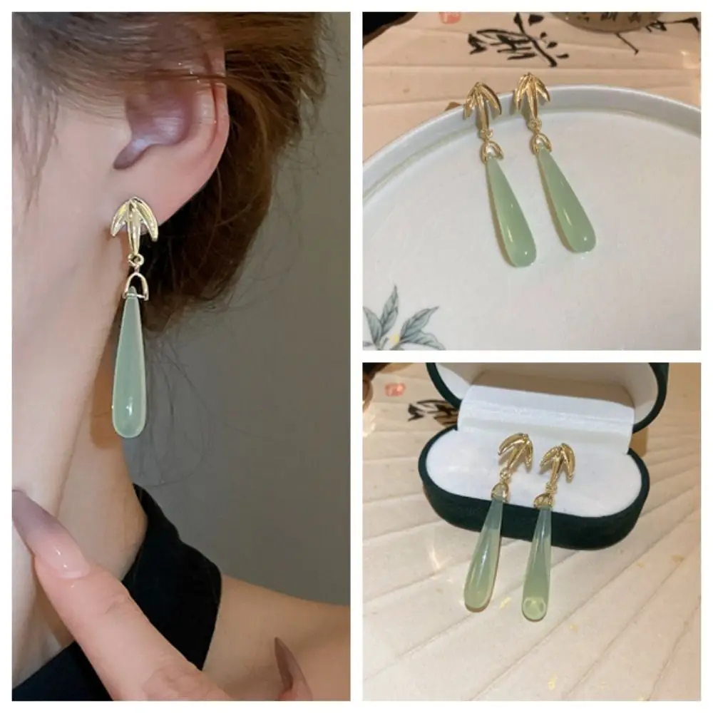 Fresh Bamboo Leaf Drop Earrings Simple Retro New Chinese Ear Stud Cool Temperament National Tide Water Drop Earrings Cheongsam