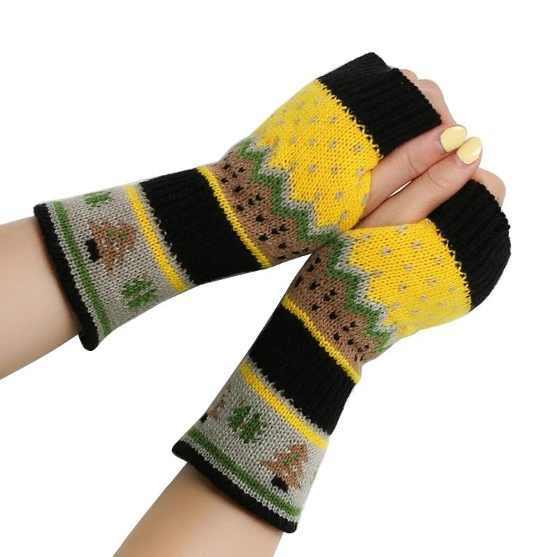 652F Colorful Fingerless Hand Gloves for Teens Girl Christmas Knit Jacquard Gloves Women Accessories Winter Arm Sleeves