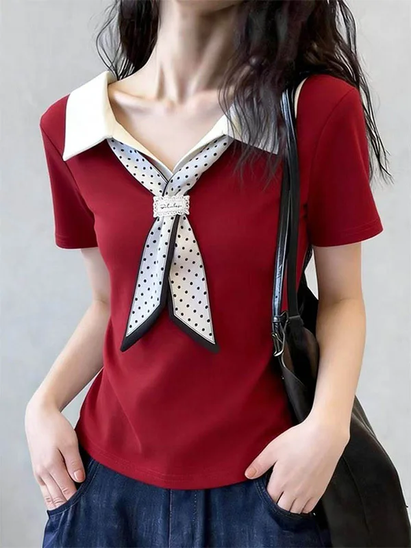 Summer New Style College Wind Color Collision  Neck T-Shirt Women Scarf Decoration Short Sleeve Slimming Youthful Spirit ...