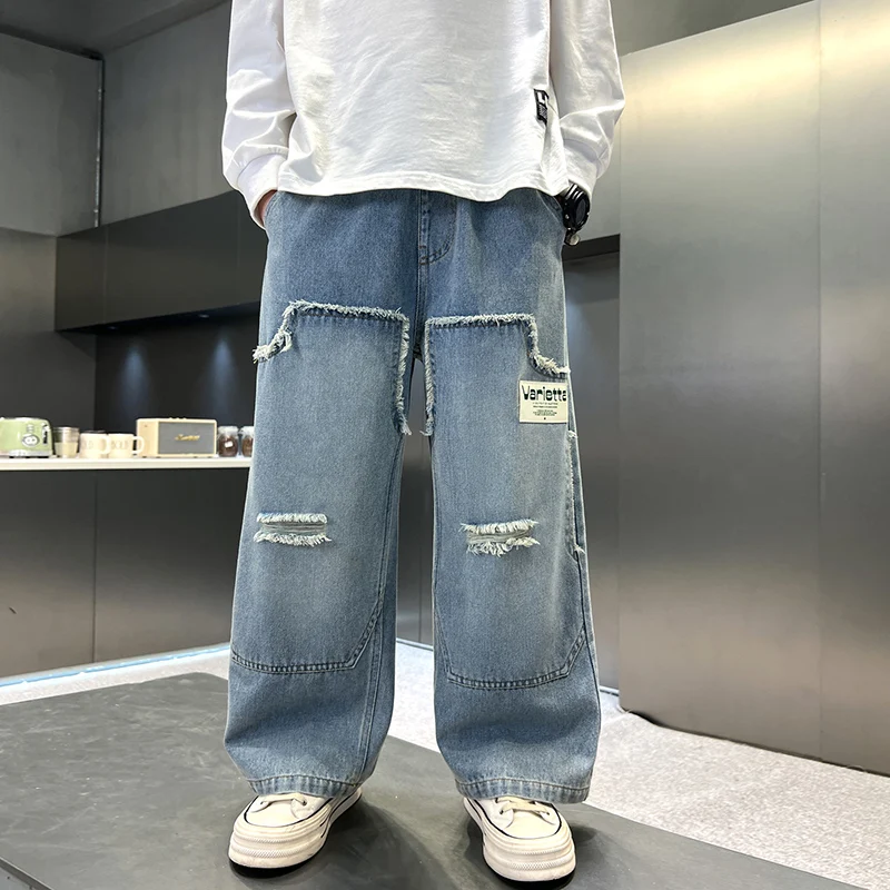 New 2025 Boys' Casual Korean Style Autumn and Winter Loose Simple Denim Jeans High Quality.4-15year
