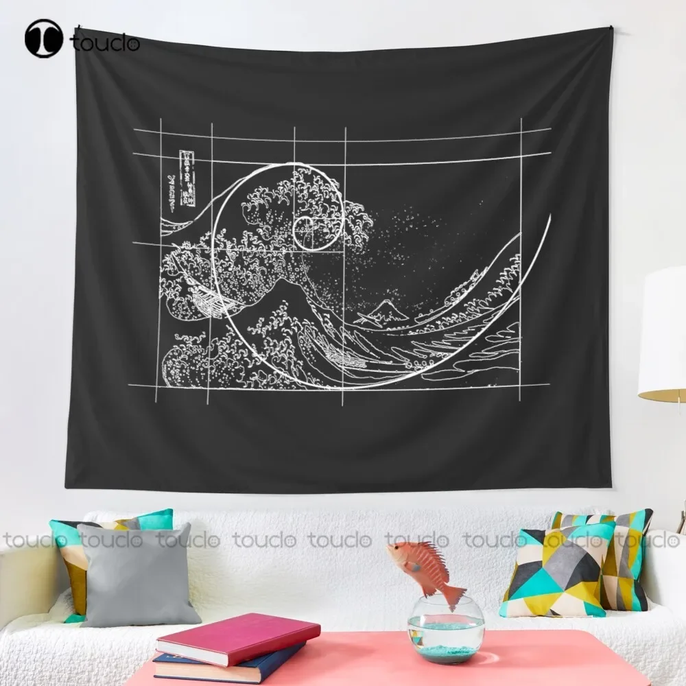 Hokusai Meets Fibonacci Golden Ratio White Line Tapestry Meme Tapestry Blanket Tapestry Bedroom Bedspread Decoration Funny Wall