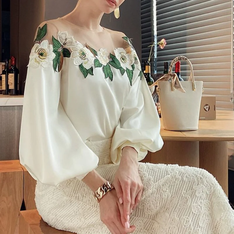 Women\'s Elegant Blouses Ladies Top 2023 Spring Style Heavy Industry Mesh Stitching Satin Embroidered Shirt