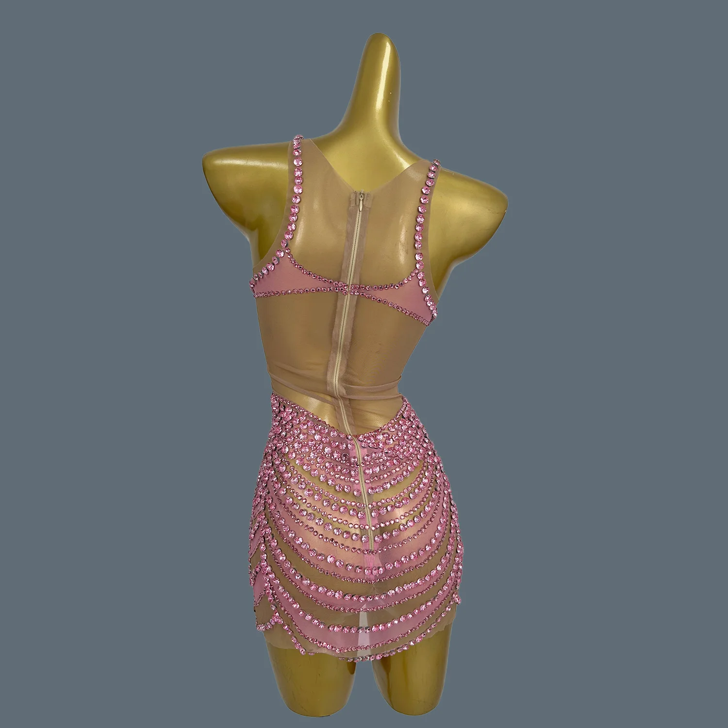 女性のためのきらびやかなピンクのミニドレス,クリスタルダイヤモンド,メッシュドレス,パーティードレス,パーティードレス,ウエディング,バースデーウェア,豪華,セクシー,ファンワン