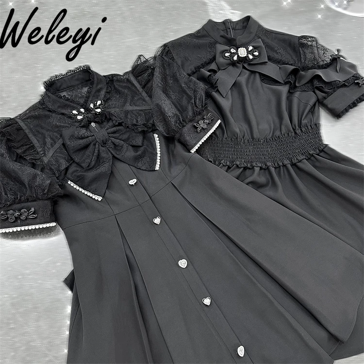 

Mine Series Mass-Produced Chinese Sling Dress and Waistcoat 2 Pieces Set Sweet Lace Cardigan Short Sleeve Suspenders Dress Woman