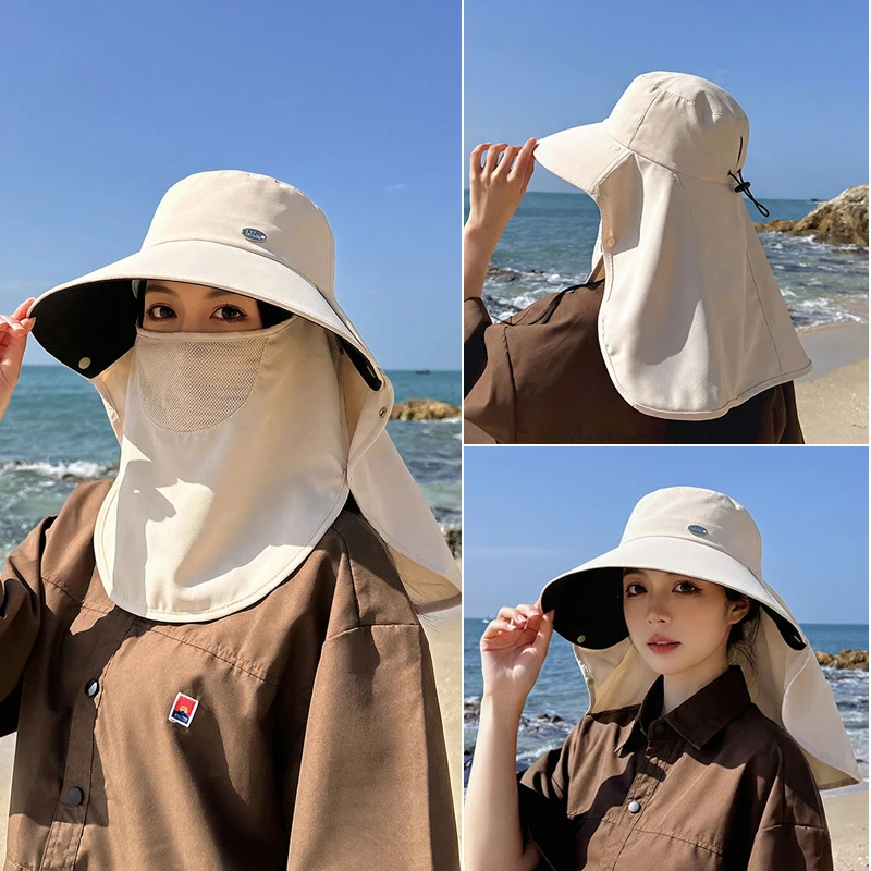 Outdoor-Radsport-Sonnenhut für Frühling und Sommer, abnehmbare Gesichtsmaske für Damen, große Krempe, Fischerhut, Schal
