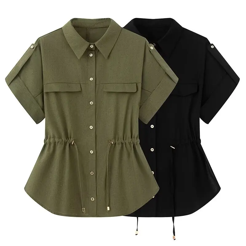

Topenomi Simple Solid Short Sleeve Shirt Women 2025 Summer Lapel Single Breasted Drawstring Waist Crop Top Casual Loose Blouse