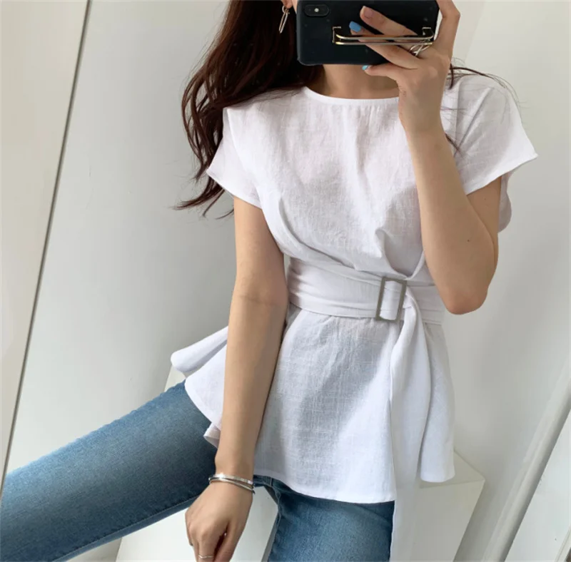 T Shirt Women Ruffle with Belt Elegant Solid T-Shirts Lace-Up Tee Women Short Sleeve Streetwear Korean Fashion Office Lady Tops