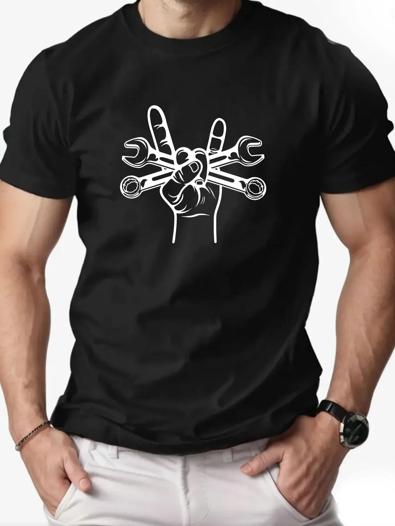 Men's Rock On Hand With Wrenches Print T Shirt 100% Cotton Crew Neck Summer Casual Short Sleeve Black Tee