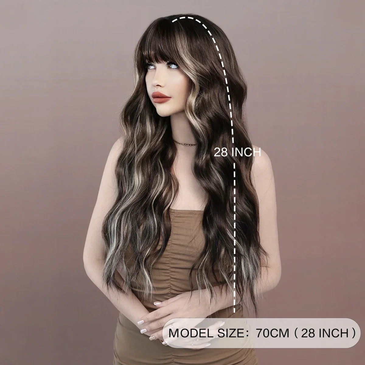 PARK YUN Long Black Wavy Highlight White Wig With Bangs For Women Daily Party High Density Hair Ombre Wigs Heat Resistant Fiber