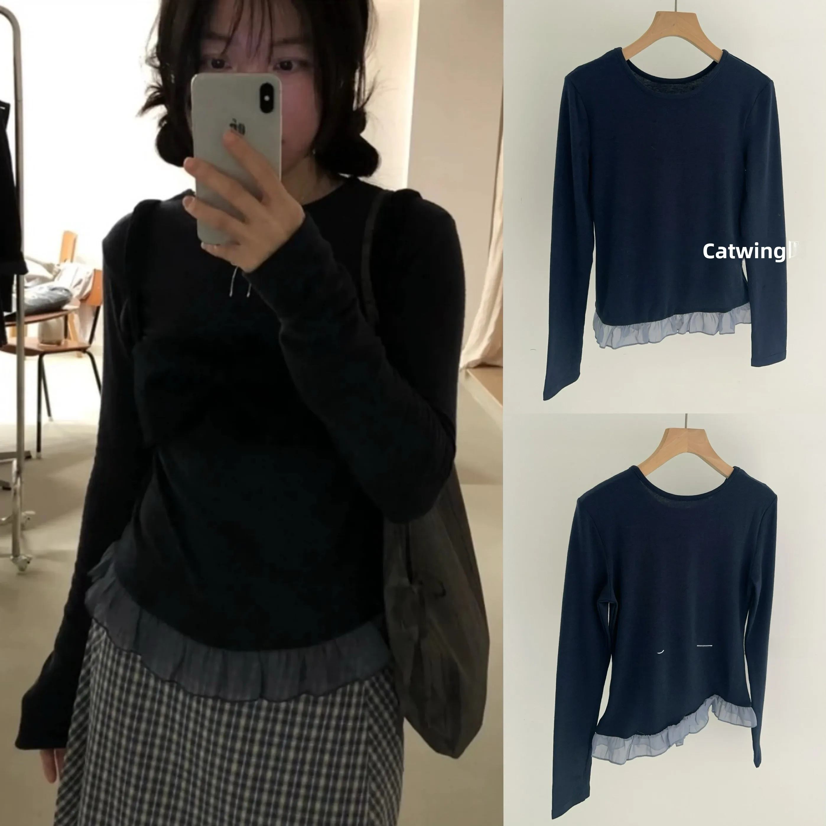 

Fre Sweet round Ne Long Sve T-irt Spring 2025 New Sle Cotton Blend Patchwork Lace Trim Top Women's Loose Fit