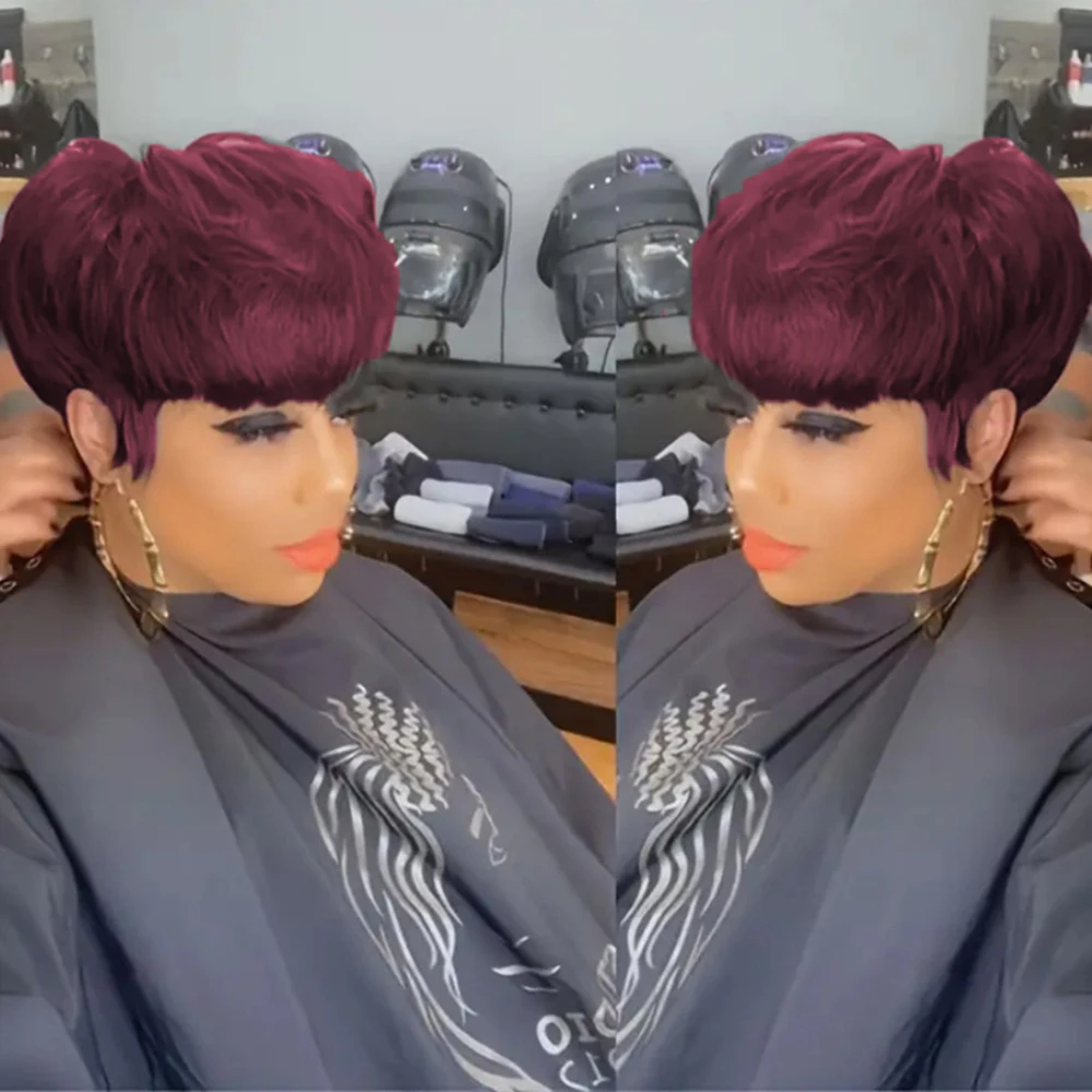 350 # 99J/1Bカラーのピクシーカットストレート人毛ウィッグ、女性用フルマシンメイドウィッグ、ショートレイヤードストレートウィッグ（前髪付き）