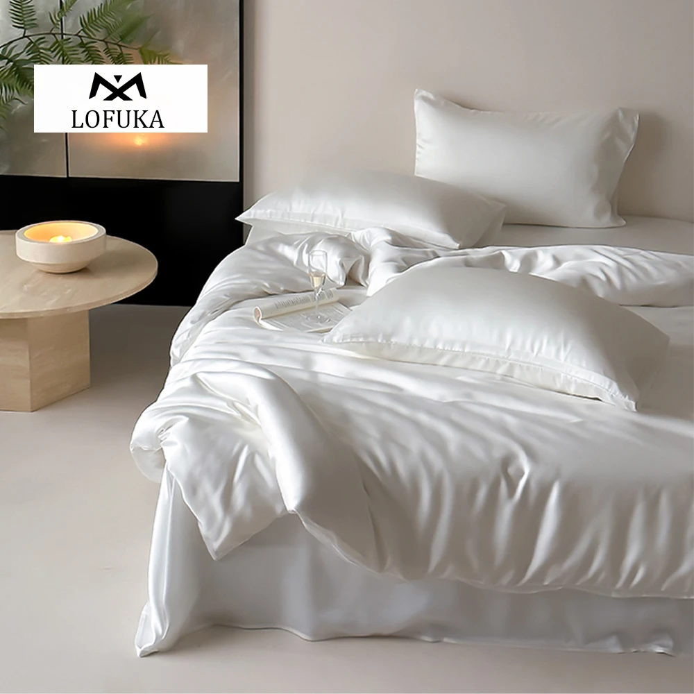 

Lofuka Nature 100% Silk White Duvet Cover Beauty Bedding Set Double Queen King Soft Flat Sheet Pillowcase For Healthy Sleep