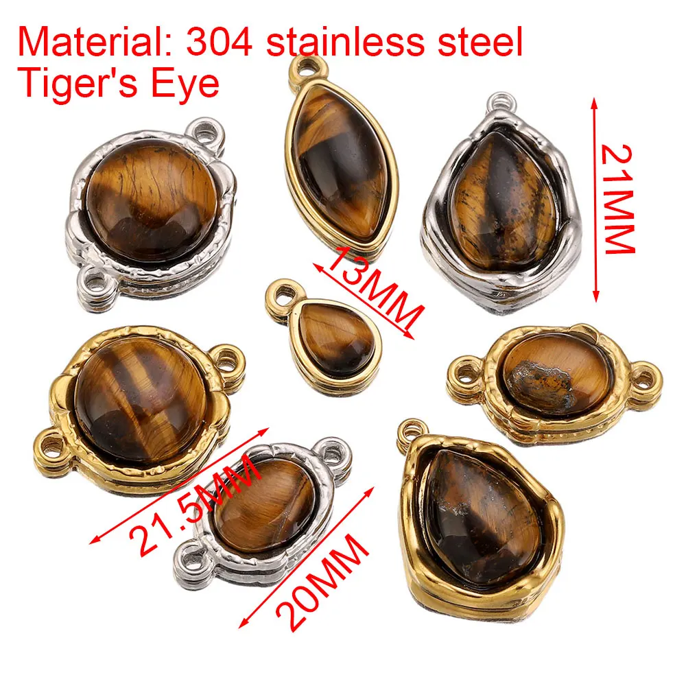 3pcs Stainless Steel charm Boho Natural Tiger Eye Stone Oval Earring Charms Dangles Pendants for DIY costume Jewelry Making