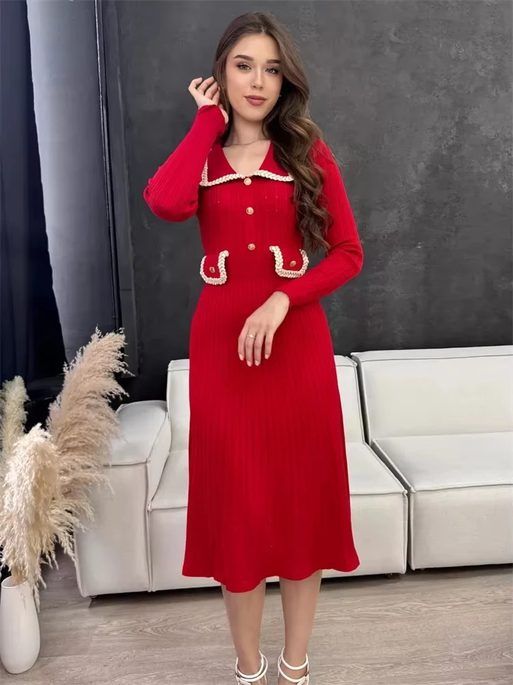 

Tossy Luxury Elegant Female Long Dress Pocket Knitwear Ribbed Patchwork High Waist Commute Slim Party Dress Autumn Knit Dress