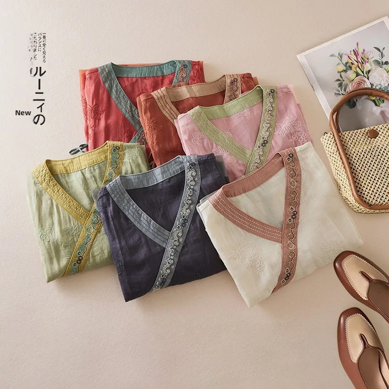 Retro Chinese Cotton Linen Embroidered irt Women Summer Ogeen Splicing Oblique Sve Tea Costume Top Straight Cut Regular ...