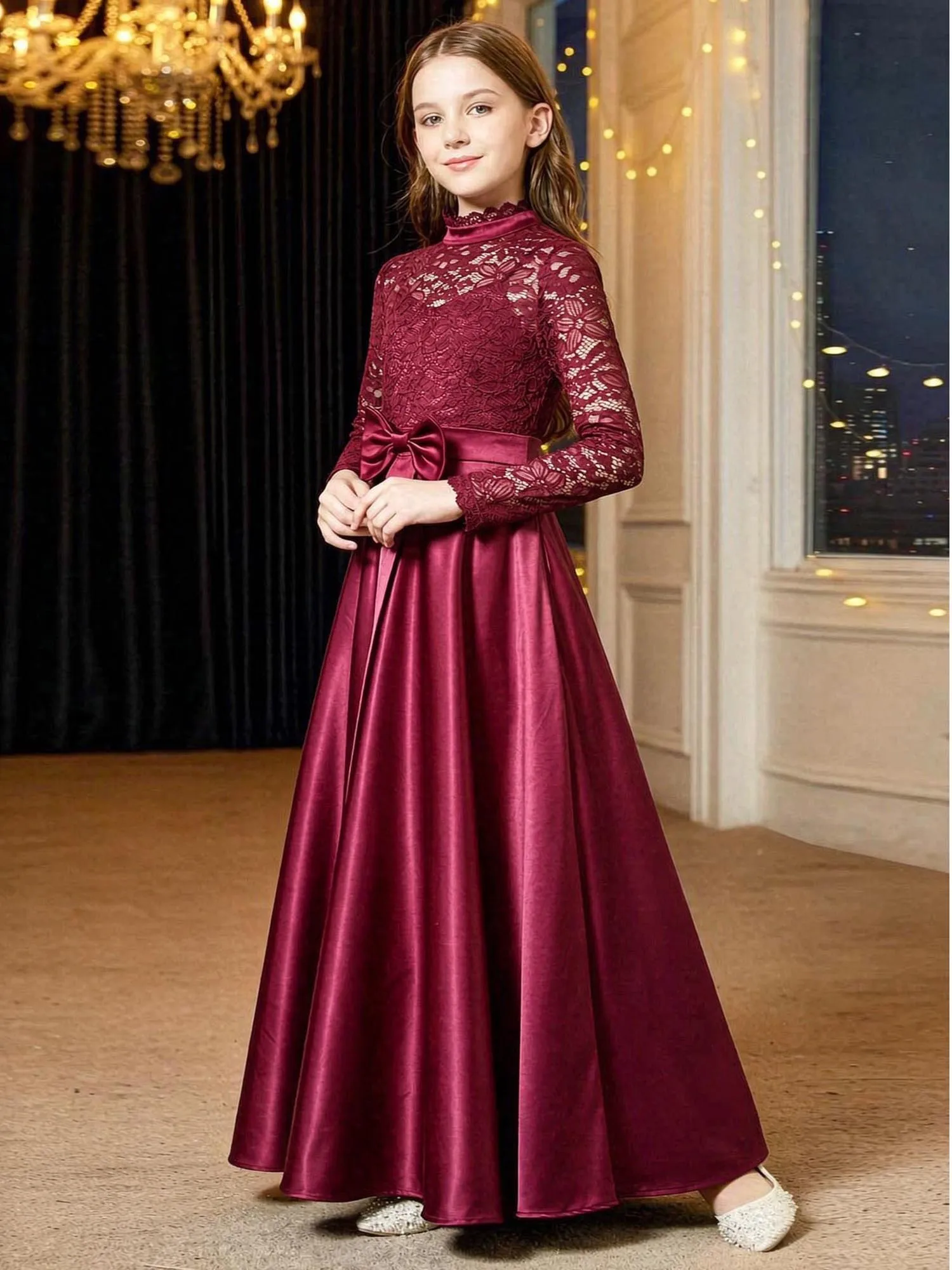 Flower Girls Gown Elegant Wedding Party Dress Long Sleeve Floral Lace Dress for Pageant Birthday Satin Junior Bridesmaid Dresses