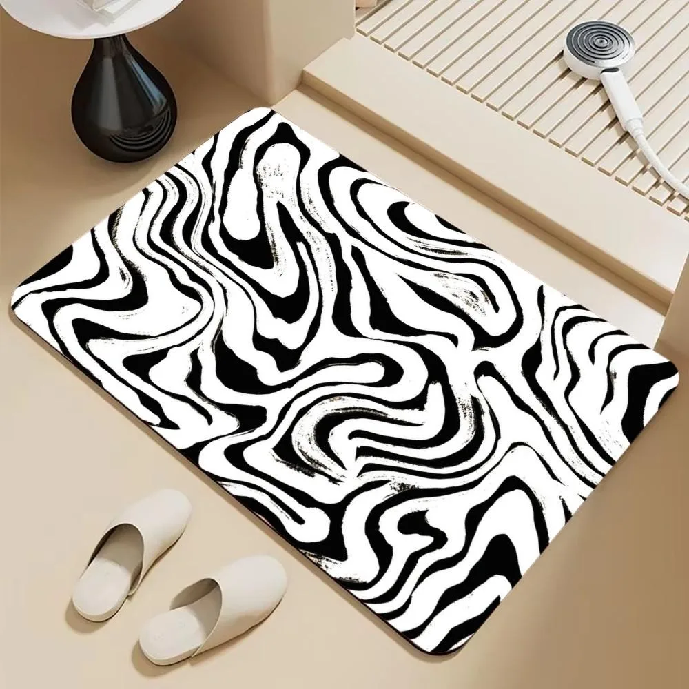 Black White Zebra Fluid Diatomite Super Absorbent Bathroom Floor Mat Anti Slip Quick Dry Shower Toilet Rug Doormat Washable