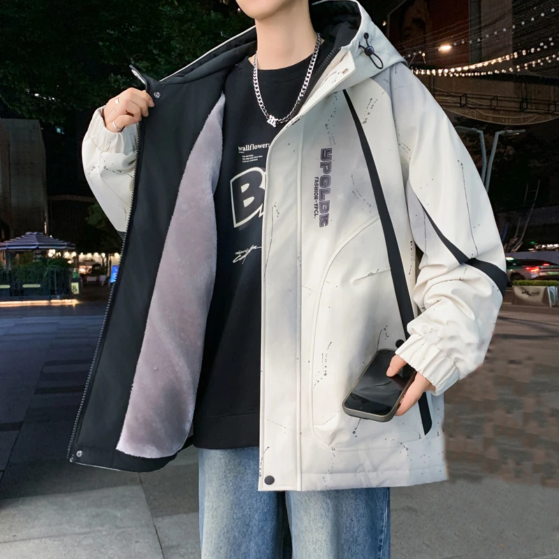

Fashion Youth Thick Fleece Liner Hooded Jackets 2025 Autumn Winter Men's Warm Plush Coat Outwear Windproof Loose Padded Parkas