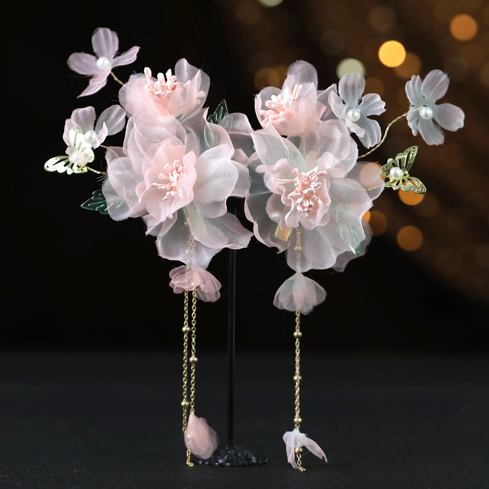 Pink Silk Flower Hairpins Side Clips Retro Chinese Style Hairclips Tassel Chain Headpieces Women Girls Hanfu Dress Hair Jewelry